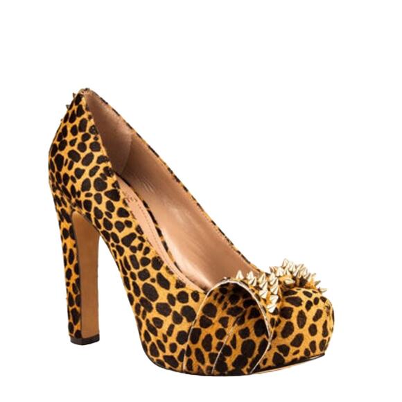 Vince Camuto Sz.8 Leopard Print Statement Heels Gold Spikes Calf Hair Bow Heels - Picture 10 of 15